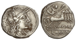 Roman Coins

Republic

Denario. 121 a.C. PAPIRIA. Marcius Papirius Carbo. Anv.: Cabeza de Roma entre rama de Laurel y X. Rev.: Júpiter en cuadriga...