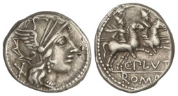 Roman Coins

Republic

Denario. 121 a.C. PLUTIA. C. Plutius. Anv.: Cabeza de Roma detrás X. Rev.: Dioscuros a caballo a derecha, debajo C. PLVT(I)...