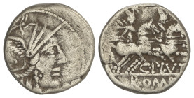 Roman Coins

Republic

Denario. 121 a.C. PLUTIA. C. Plutius. Anv.: Cabeza de Roma detrás X. Rev.: Dioscuros a caballo a derecha, debajo C. PLVTI. ...