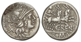 Roman Coins

Republic

Denario. 138 a.C. RENIA. C. Renius. Anv.: Cabeza de Roma a derecha, detrás X. Rev.: Juno Caprotina en biga arrastrada por m...