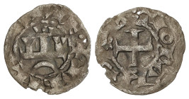 Medieval Coins

Kingdom of Navarra

Óbolo. TEOBALDO II. Anv.: DE NAVARIE. Castillo esquemático sobre creciente. Rev.: TIOBALD´REX. Cruz interior. ...
