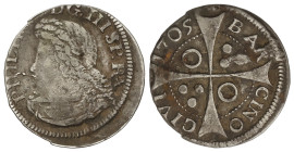 Spanish Monarchy

Philip V

Croat. 1705. BARCELONA. 2,32 grs. Anillo en 1er y 4º espacio. Pátina. AC-348. MBC-/MBC.