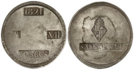 Spanish Monarchy

Ferdinand VII

30 Sous. 1821. MALLORCA. 26,66 grs. (Manchitas). AC-1293. MBC.