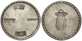 Spanish Monarchy

Ferdinand VII

5 Pesetas. 1809. TARRAGONA. 26,11 grs. Cero de la fecha grande y escudo ancho. AC-1429. MBC.