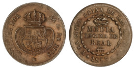 Spanish Monarchy

Elisabeth II

1/2 Décima de Real. 1853. SEGOVIA. 1,84 grs. (Acuñación floja en parte). AC-140. EBC+.