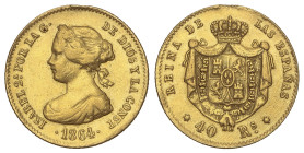 Spanish Monarchy

Elisabeth II

40 Reales. 1864. MADRID. 3,35 grs. (Descolgada, canto limado a las 12h). AC-686. MBC.