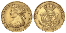 Spanish Monarchy

Elisabeth II

100 Reales. 1859. BARCELONA. 8,32 grs. (Limpiada). AC-770. EBC-.
