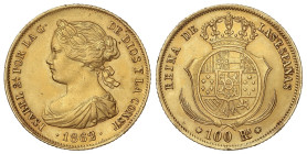 Spanish Monarchy

Elisabeth II

100 Reales. 1862. BARCELONA. 8,36 grs. (Golpecitos, limpiada). AC-775. MBC+.