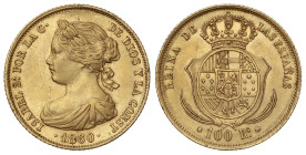 Spanish Monarchy

Elisabeth II

100 Reales. 1860. MADRID. 8,39 grs. (Pequeños golpecitos). AC-787. EBC-.
