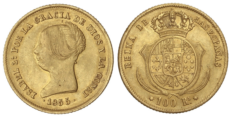 Spanish Monarchy

Elisabeth II

100 Reales. 1855. SEVILLA. 8,30 grs. AC-796....