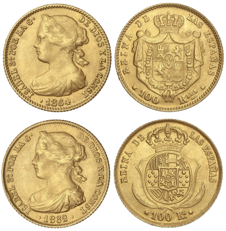 Spanish Monarchy

Elisabeth II

Lote 2 monedas 100 Reales. 1862 y 1864. BARC...