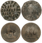 Peseta Period

Provisional Government and I Republic

Lote 2 monedas 10 Céntimos. 1870. Una resellada con la leyenda U.H.P. y la otra con FELIPE G...