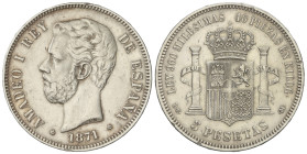 Peseta Period

Amadeo I

5 Pesetas. 1871 (*18-71). D.E.-M. (Golpecitos). EBC-.