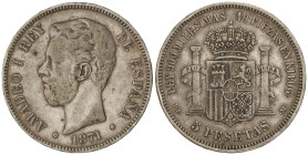 Peseta Period

Amadeo I

5 Pesetas. 1871 (*18-73). D.E./S.D.-M. MBC.