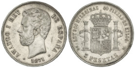 Peseta Period

Amadeo I

5 Pesetas. 1871 (*18-74). D.E.-M. (Golpecitos y rayitas). EBC-.