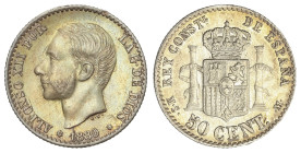 Peseta Period

Alfonso XII

50 Céntimos. 1880 (*8-0). M.S.-M. (Pequeños golpecitos). Pátina. EBC-.