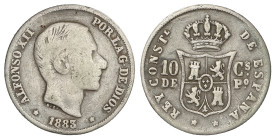Peseta Period

Alfonso XII

10 Centavos de Peso. 1883/2. MANILA. Rara sobrefecha. BC+/MBC-.