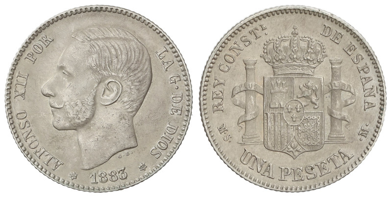 Peseta Period

Alfonso XII

1 Peseta. 1883 (*18-83). M.S-M. EBC-. Pátina.