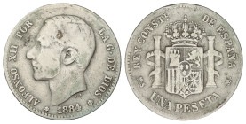 Peseta Period

Alfonso XII

1 Peseta. 1884 (*18-83). M.S-M. MUY ESCASA. BC.