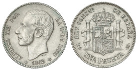 Peseta Period

Alfonso XII

1 Peseta. 1885 (*18-86). M.S.-M. (Oxidaciones limpiadas). MBC+.