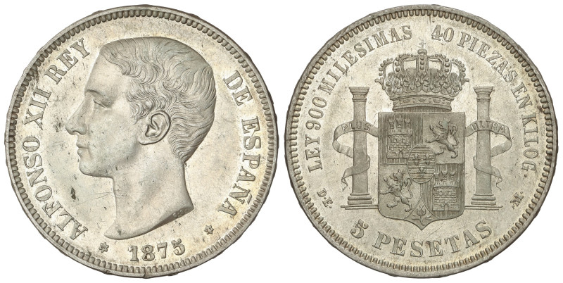 Peseta Period

Alfonso XII

5 Pesetas. 1875 (*18-75). D.E.-M. Restos de bril...