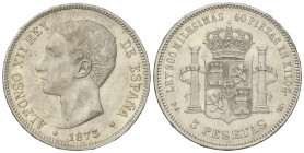Peseta Period

Alfonso XII

5 Pesetas. 1875 (*18-75). D.E.-M.. (Pequeños golpecitos, estrellas algo flojas). EBC-.