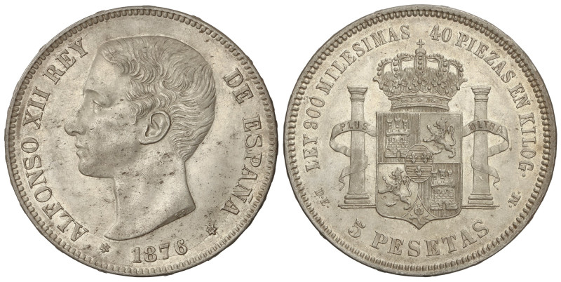 Peseta Period

Alfonso XII

5 Pesetas. 1876 (*18-76). D.E-M. (Pequeñas manch...