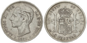 Peseta Period

Alfonso XII

5 Pesetas. 1881 (*18-81). M.S.-M. Ligera pátina. MBC.