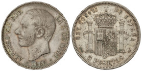 Peseta Period

Alfonso XII

5 Pesetas. 1882 (*18-81). M.S.-M. (Pequeños golpecitos). MBC+.