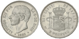 Peseta Period

Alfonso XII

5 Pesetas. 1883 (*18-83). M.S.-M. (Golpecitos y algo limpiada). EBC-.