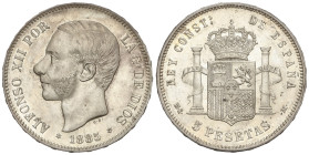 Peseta Period

Alfonso XII

5 Pesetas. 1885 (*18-85). M.S-M. Restos de brillo. EBC.