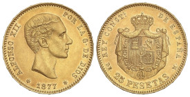 Peseta Period

Alfonso XII

25 Pesetas. 1877 (*18-77). D.E.-M. (Rayitas). EBC-.