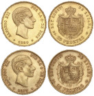 Peseta Period

Alfonso XII

Lote 2 monedas 25 Pesetas. 1877 (*18-77) D.E-M. y 1880 (*18-80) M.-S-M. Peso total 16,10 grs. MBC+ y EBC.