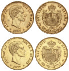 Peseta Period

Alfonso XII

Lote 2 monedas 25 Pesetas. 1877 (*18-77) D.E-M. y 1880 (*18-80) M.-S-M. Peso total 16,09 grs. (La de 1877 golpecito en...