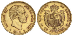 Peseta Period

Alfonso XII

25 Pesetas. 1884 (*18-84). M.S.-M. (Rayitas de limpieza y golpecitos). MBC.
