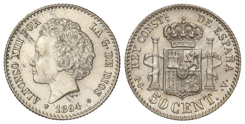 Peseta Period

Alfonso XIII

50 Céntimos. 1894 (*9-4). P.G.-V. Ligera pátina...