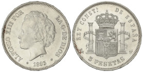 Peseta Period

Alfonso XIII

5 Pesetas. 1893 (*18-93). P.G.-L. Parte de brillo original. (Rayitas). EBC.