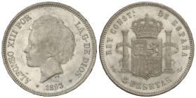 Peseta Period

Alfonso XIII

5 Pesetas. 1893 (*18-93). P.G-L. (Leves rayitas). Brillo original. EBC.
