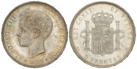 Peseta Period

Alfonso XIII

5 Pesetas. 1897 (*18-97). S.G-V. (Leves rayitas). Restos de brillo, bonta pátina irisada en anverso. EBC+.