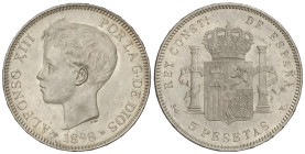 Peseta Period

Alfonso XIII

5 Pesetas. 1898 (*18-98). S.G-V. (Ínfimas rayitas). Brillo original. EBC+.