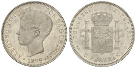 Peseta Period

Alfonso XIII

5 Pesetas. 1899 (*18-99). S.G.-V. (Golpecitos). EBC/EBC+.