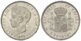 Peseta Period

Alfonso XIII

5 Pesetas. 1899 (*18-99). S.G-V. (Rayitas en anverso y golpecitos en gráfila del reverso). Brillo original. EBC-/EBC....