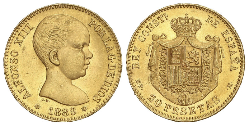 Peseta Period

Alfonso XIII

20 Pesetas. 1889 (*18-89). M.P.-M. Brillo origi...