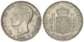 Peseta Period

Counterfeit Coins

5 Pesetas. 1881/71. (*18-81). M.S-M. 24,83 grs. AR. (Rayitas de limpieza). Vti. y Barrera no cat. MBC+.