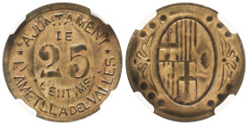 Peseta Period

Local Issues of the Civil War

25 Cèntims. Aj. de L´ AMETLLA DEL VALLÈS. Encapsulada por NGC AU55 (nº 6493358-008). Latón. AC-1; RG...
