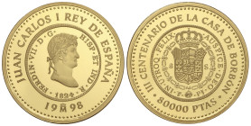 Peseta Period

Juan Carlos I

80.000 Pesetas. 1998. III CENTENARIO CASA DE BORBÓN. 27 grs. AU (999). 8 Escudos Fernando VII. En estuche original c...