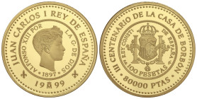 Peseta Period

Juan Carlos I

80.000 Pesetas. 1999. III CENTENARIO CASA DE BORBÓN. 27 grs. AU (999). Alfonso XIII. En estuche original con certifi...