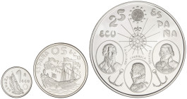 Peseta Period

Ecu Issues

Serie 3 monedas 1, 5 y 25 Ecu. 1995. MARINA ESPAÑOLA. AR. Ancla, Don Juan de Austria y Churruca, Gravina y Alcalá Galia...