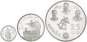 Peseta Period

Ecu Issues

Serie 3 monedas 1, 5 y 25 Ecu. 1996. MARINA ESPAÑOLA. AR. II Serie: Timón, Coca de Mataró, Topete, Antequera y Álvar Go...