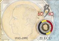 World Coins

Belgium

20 ecu. 1990. 10,5 grs. AU+AR+Cu. 60 aniversario Rey Balduino. En presentación original (algo deteriorada). Fr-432; KM-177. ...